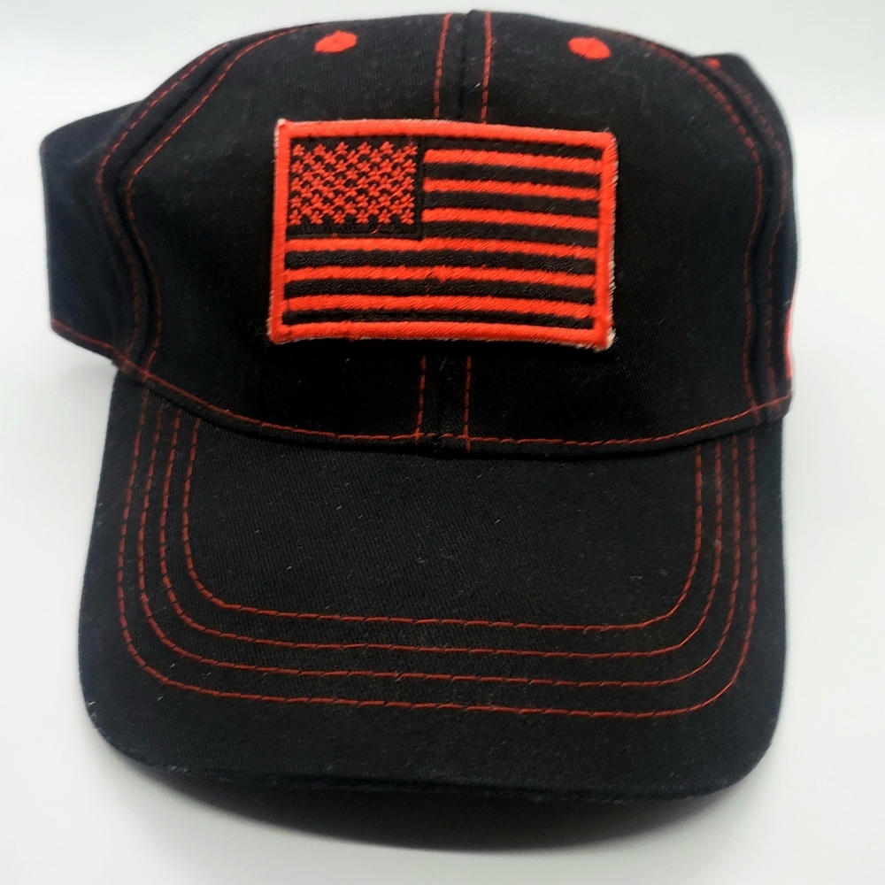 NWT Voodoo Tactical Black/Red Adjustable Hat with removable flag moral patch
